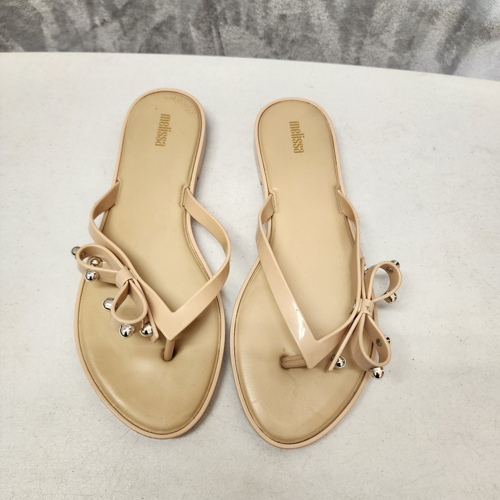 Melissa Sandals Womens Size 10 Slim Li Flip Flops Tan Silver Beaded Bow Thong - Picture 9 of 11